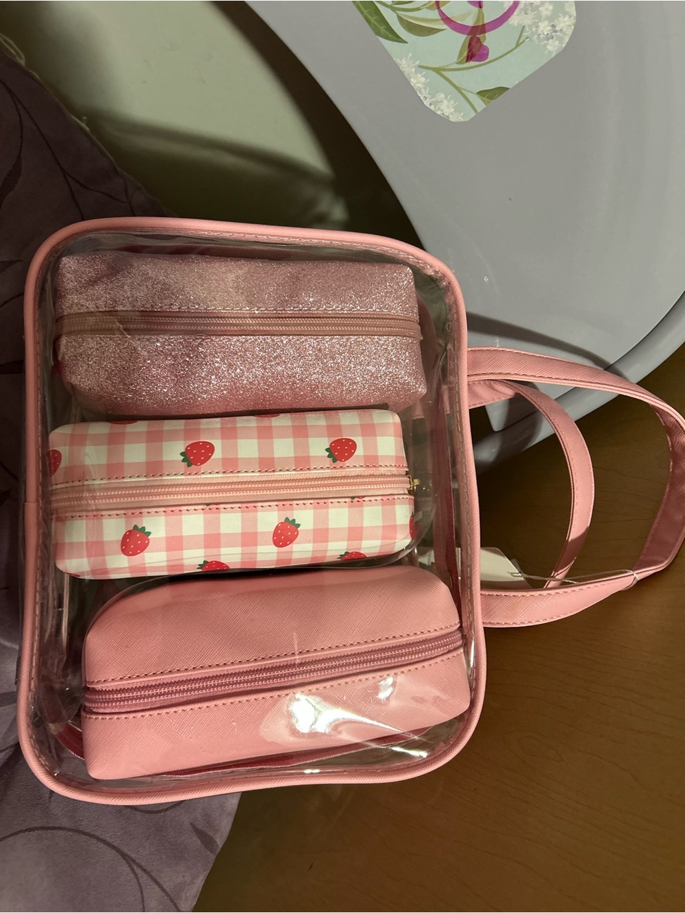 NEW:Pink Clear Tote Bag with Matching Pouches - Women Bags
